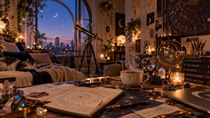 夜空をのぞむ部屋で、ホロスコープを読み解く机のうえ